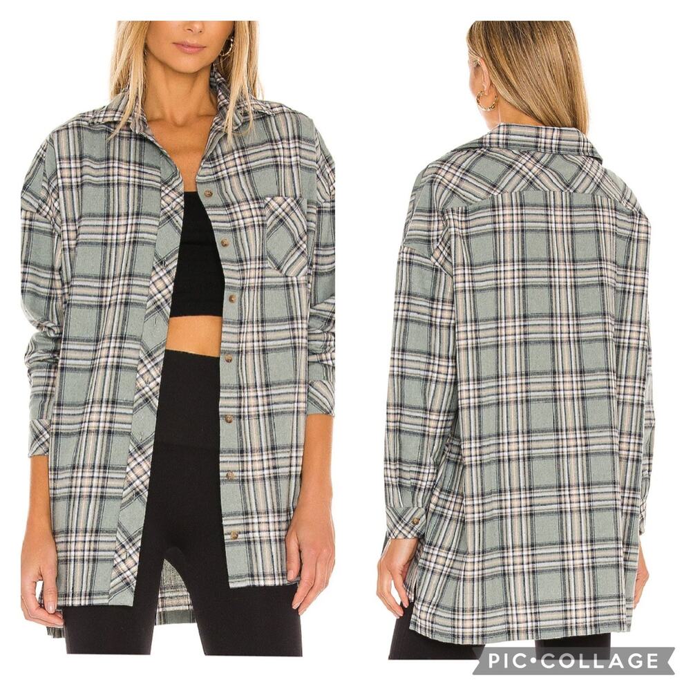 Lovers Friends Gela Oversized Plaid Shirt Sage Green Size Small